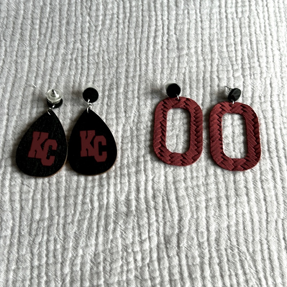 Two pair of post earrings. KC Chiefs handmade wood earrings and red leather.